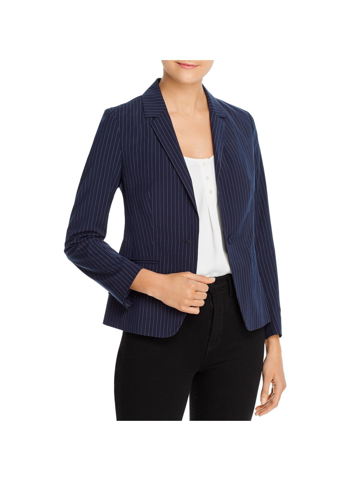 CUPCAKES AND CASHMERE Womens Navy Pocketed Lined Pinstripe Wear To Work Blazer Jacket XS