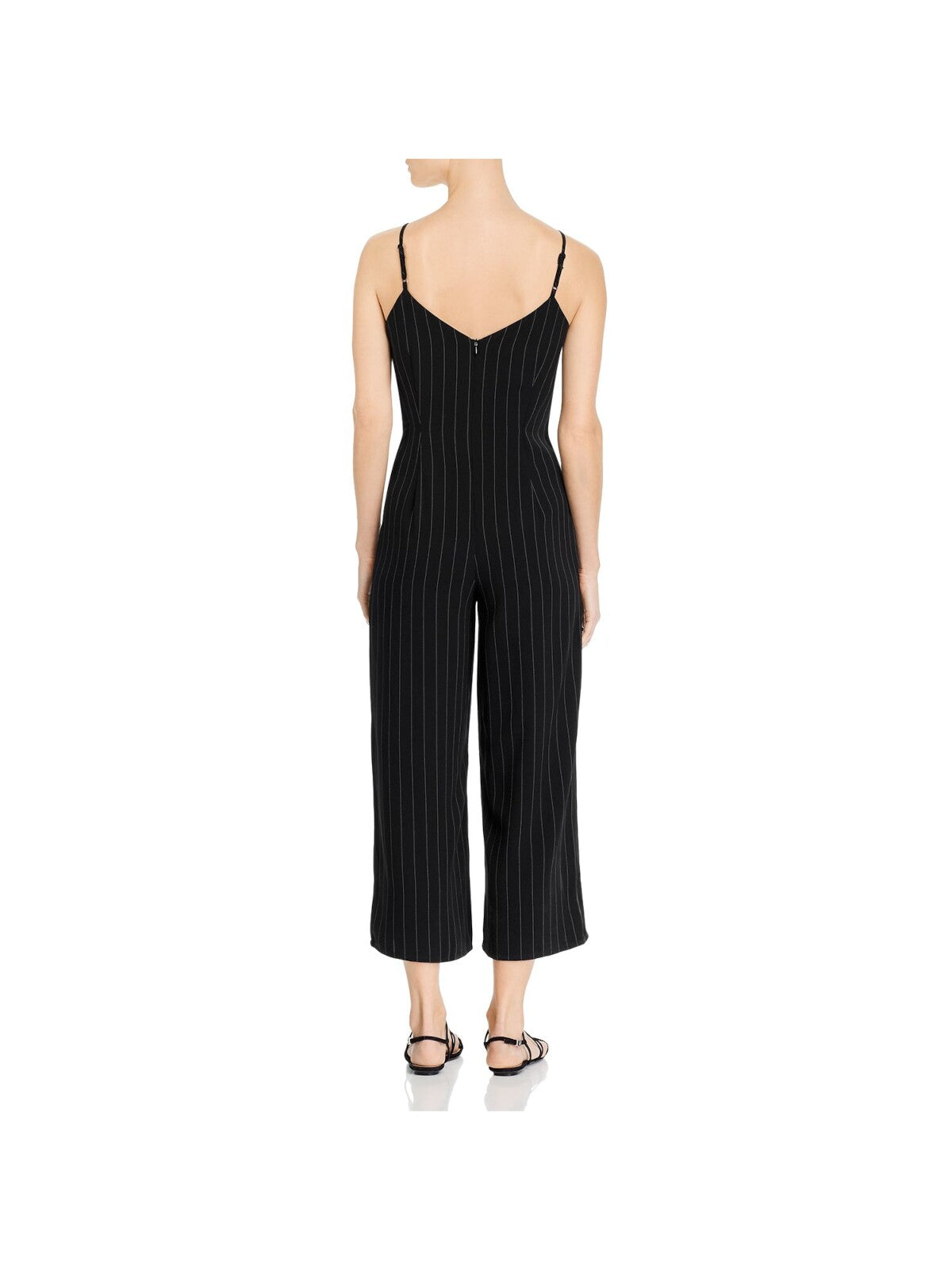 CUPCAKES AND CASHMERE Womens Black Zippered Back V-neck Pinstripe Spaghetti Strap V Neck Cropped Jumpsuit S