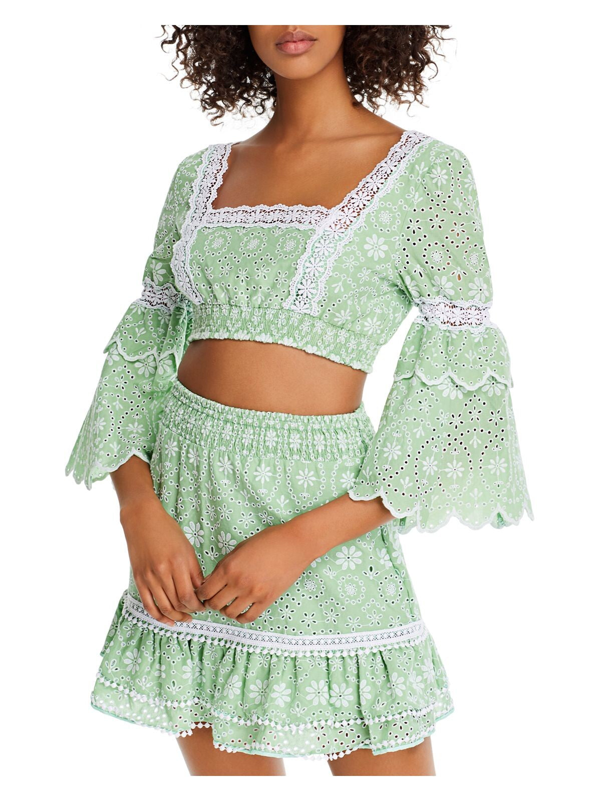 CHARO RUIZ Womens Green Eyelet Scalloped Smocked Lace Tie Back Floral Bell Sleeve Square Neck Crop Top L