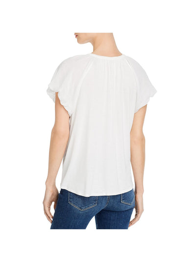 K & C Womens White Stretch Sheer Tie Shirred Mixed-media Pouf Sleeve Split Peasant Top M