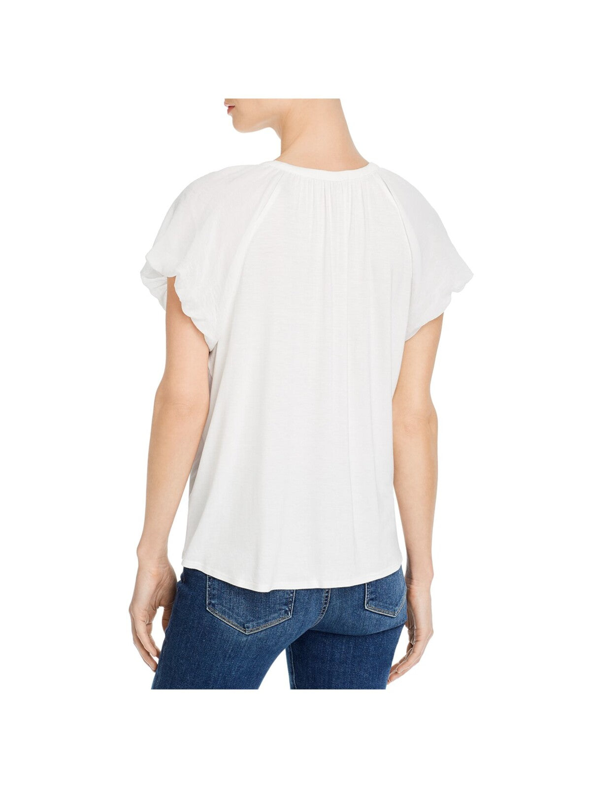 K & C Womens White Stretch Sheer Tie Shirred Mixed-media Pouf Sleeve Split Peasant Top S