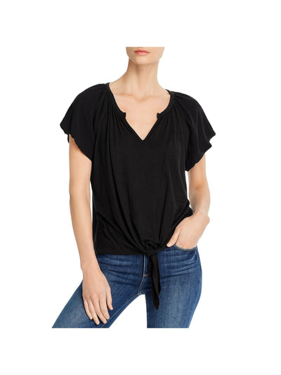 K & C Womens Black Stretch Sheer Tie Shirred Mixed-media Pouf Sleeve Split Peasant Top M