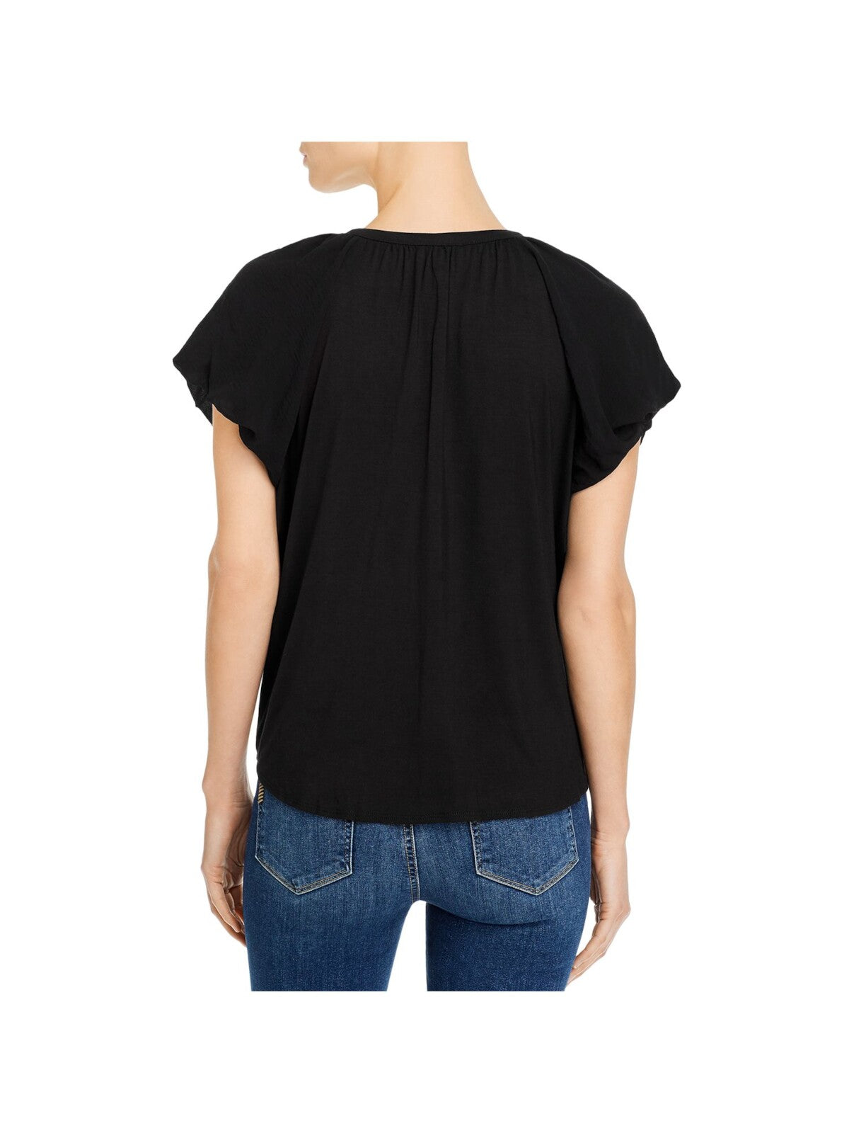 K & C Womens Black Stretch Sheer Tie Shirred Mixed-media Pouf Sleeve Split Peasant Top M