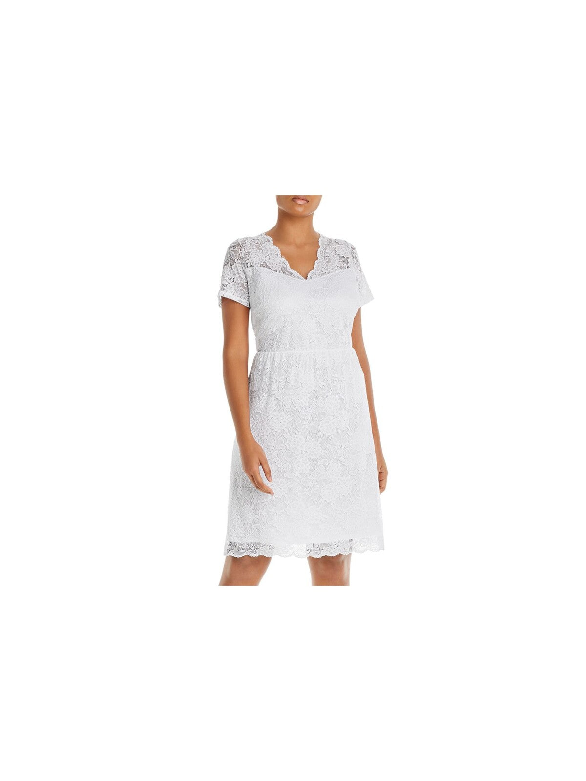 AQUA CURVE Womens Stretch Lace Zippered Scalloped Neck And Hem Lined Short Sleeve V Neck Above The Knee Party Sheath Dress