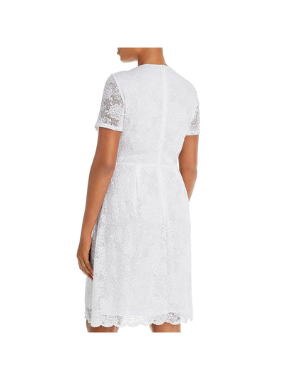 AQUA CURVE Womens Stretch Lace Zippered Scalloped Neck And Hem Lined Short Sleeve V Neck Above The Knee Party Sheath Dress
