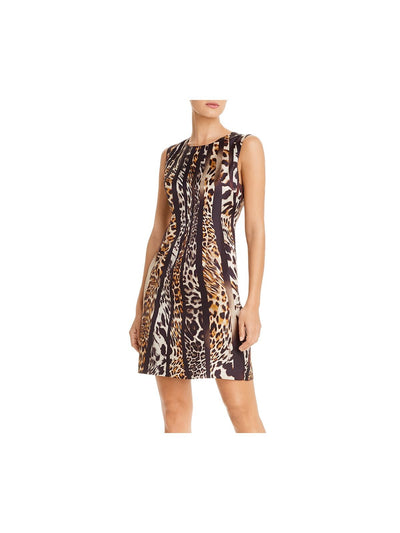 KOBI HALPERIN Womens Black Animal Print Sleeveless Crew Neck Short Wear To Work Fit + Flare Dress M