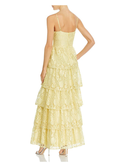LAUNDRY BY SHELLI SEGAL Womens Yellow Lace Zippered Adjustable Straps Tiered Spaghetti Strap Sweetheart Neckline Full-Length Formal Gown Dress 4
