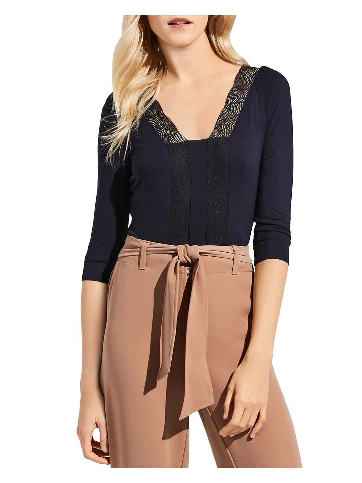BAILEY44 Womens Navy Lace 3/4 Sleeve Scoop Neck Top S