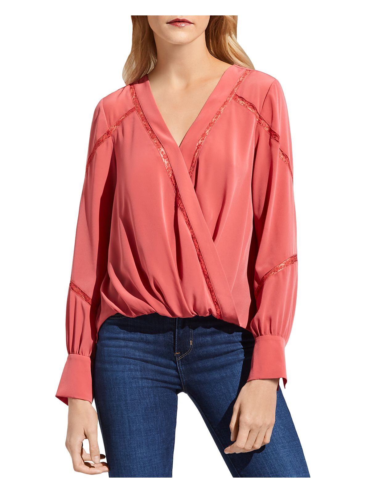 BAILEY44 Womens Coral Cuffed Sleeve Surplice Neckline Top L