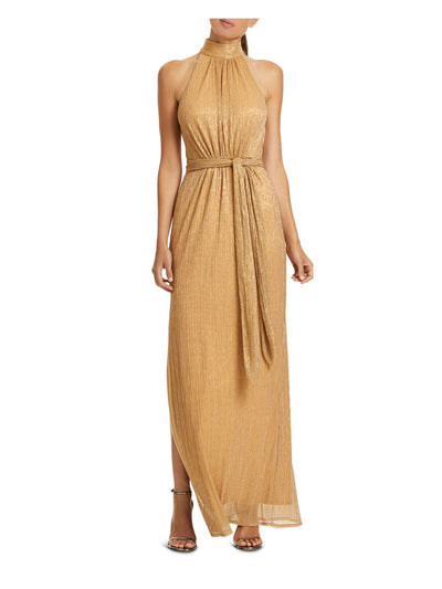 HALSTON Womens Gold Belted Pleated Shimmer Sleeveless Halter Full-Length Evening Sheath Dress 2