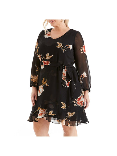 ESTELLE Womens Black Ruffled Sheer Tie Lined Floral Long Sleeve V Neck Above The Knee Evening Fit + Flare Dress Plus 3X