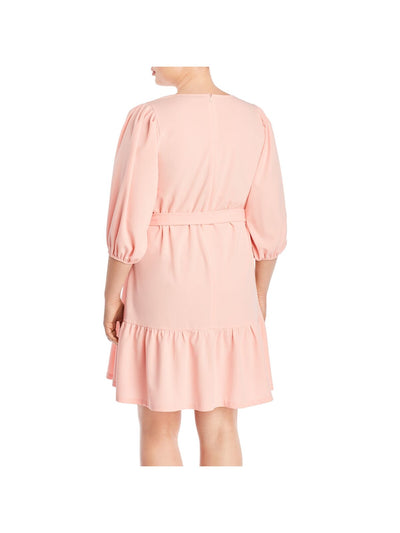 AQUA Womens Pink Belted Zippered Tiered Pouf Sleeve Jewel Neck Above The Knee Cocktail Shift Dress Plus 2X