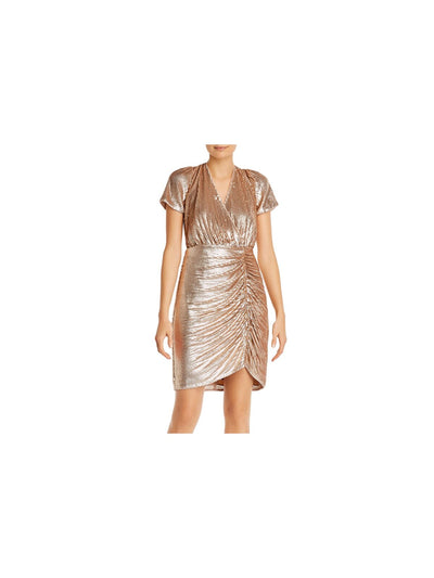 AIDAN AIDAN MATTOX Womens Sequined Ruched Zippered Short Sleeve Surplice Neckline Short Cocktail Sheath Dress