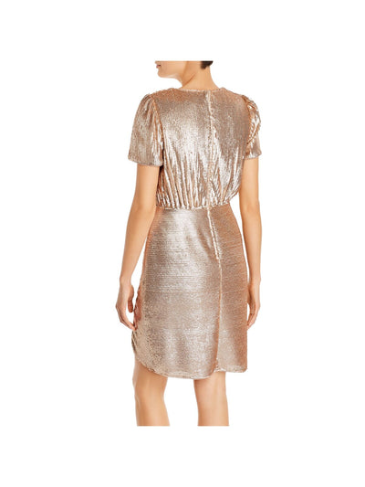 AIDAN AIDAN MATTOX Womens Sequined Ruched Zippered Short Sleeve Surplice Neckline Short Cocktail Sheath Dress