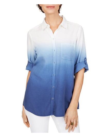 FOXCROFT Womens Blue Pocketed Curved Hem Ombre Roll-tab Sleeve Collared Button Up Top 6