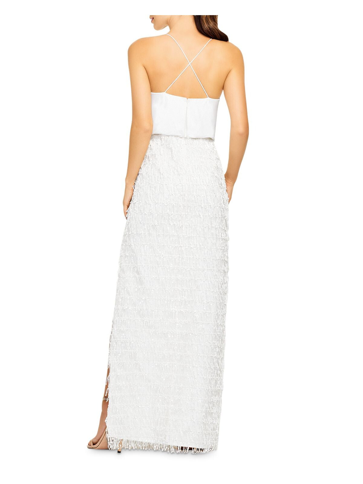 AIDAN MATTOX Womens White Sequined Fringed Slit Spaghetti Strap Cowl Neck Full-Length Evening Sheath Dress 8