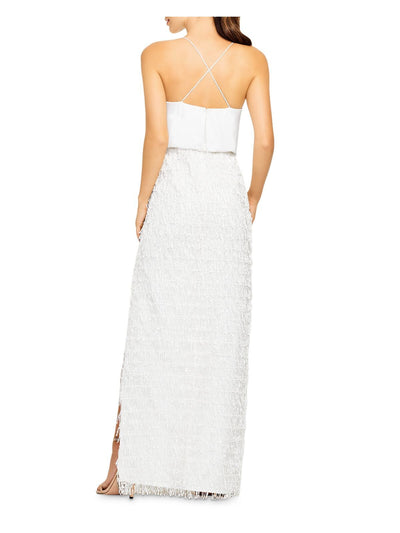 AIDAN MATTOX Womens White Sequined Fringed Slit Spaghetti Strap Cowl Neck Full-Length Evening Sheath Dress 8