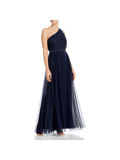 AIDAN MATTOX Womens Zippered Pleated Banded Waist Sleeveless Asymmetrical Neckline Full-Length Formal Gown Dress