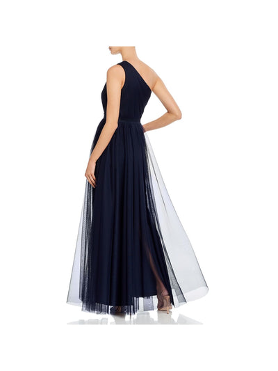 AIDAN MATTOX Womens Navy Zippered Pleated Banded Waist Sleeveless Asymmetrical Neckline Full-Length Formal Gown Dress 10