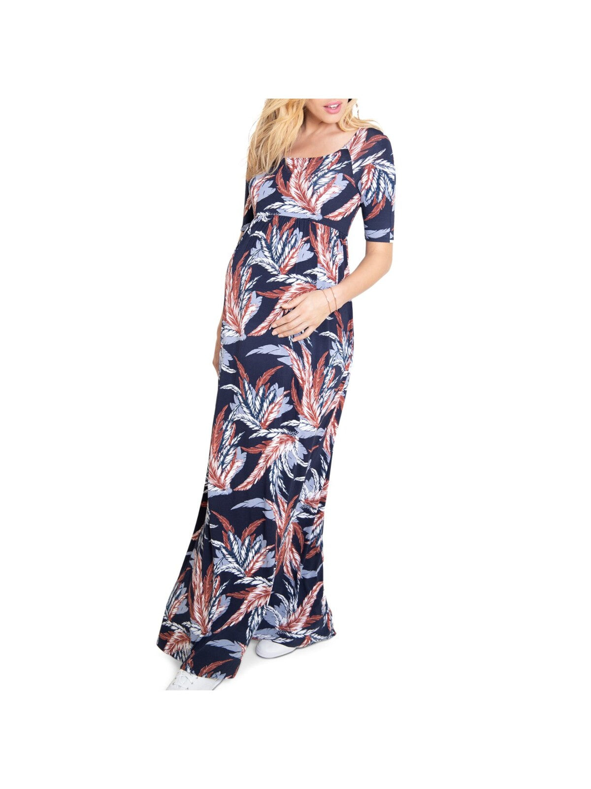 INGRID & ISABEL Womens Navy Stretch Printed Elbow Sleeve Scoop Neck Maxi Dress Maternity XS