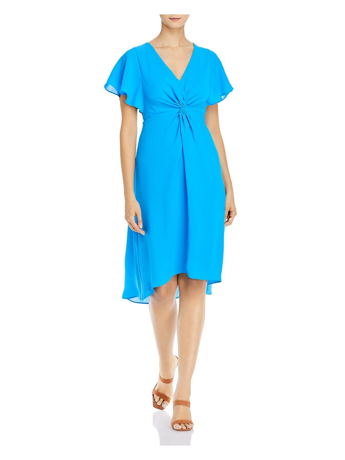 ADRIANNA PAPELL Womens Blue Twist Front Zippered High-low Flutter Sleeve V Neck Below The Knee Cocktail Fit + Flare Dress 8