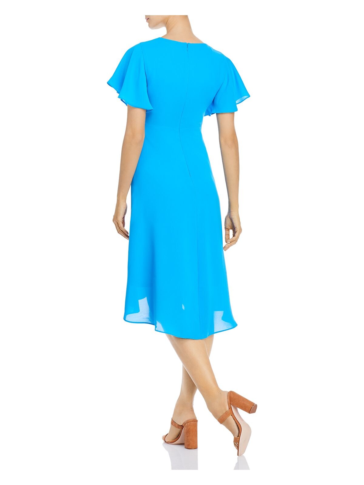 ADRIANNA PAPELL Womens Twist Front Zippered High-low Flutter Sleeve V Neck Below The Knee Cocktail Fit + Flare Dress