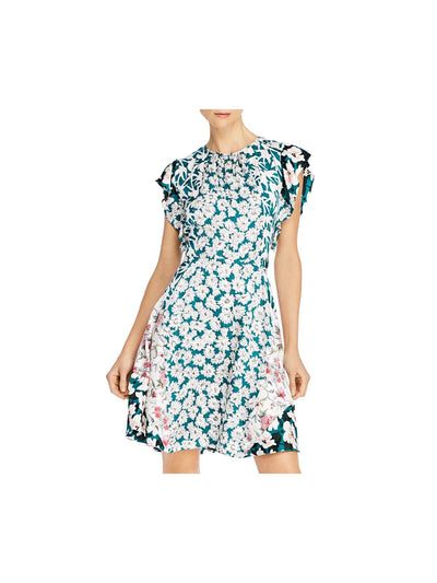 REBECCA TAYLOR Womens Green Zippered Gathered Lined Skirt Keyhole Front Floral Flutter Sleeve Round Neck Above The Knee Fit + Flare Dress 8