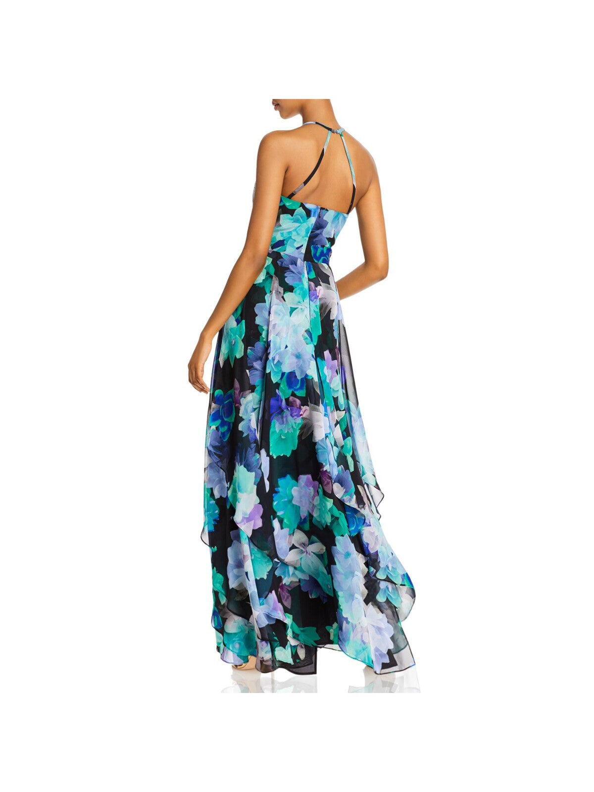 AQUA FORMAL Womens Zippered Chiffon Gown Spaghetti Strap Surplice Neckline Full-Length Formal Fit + Flare Dress