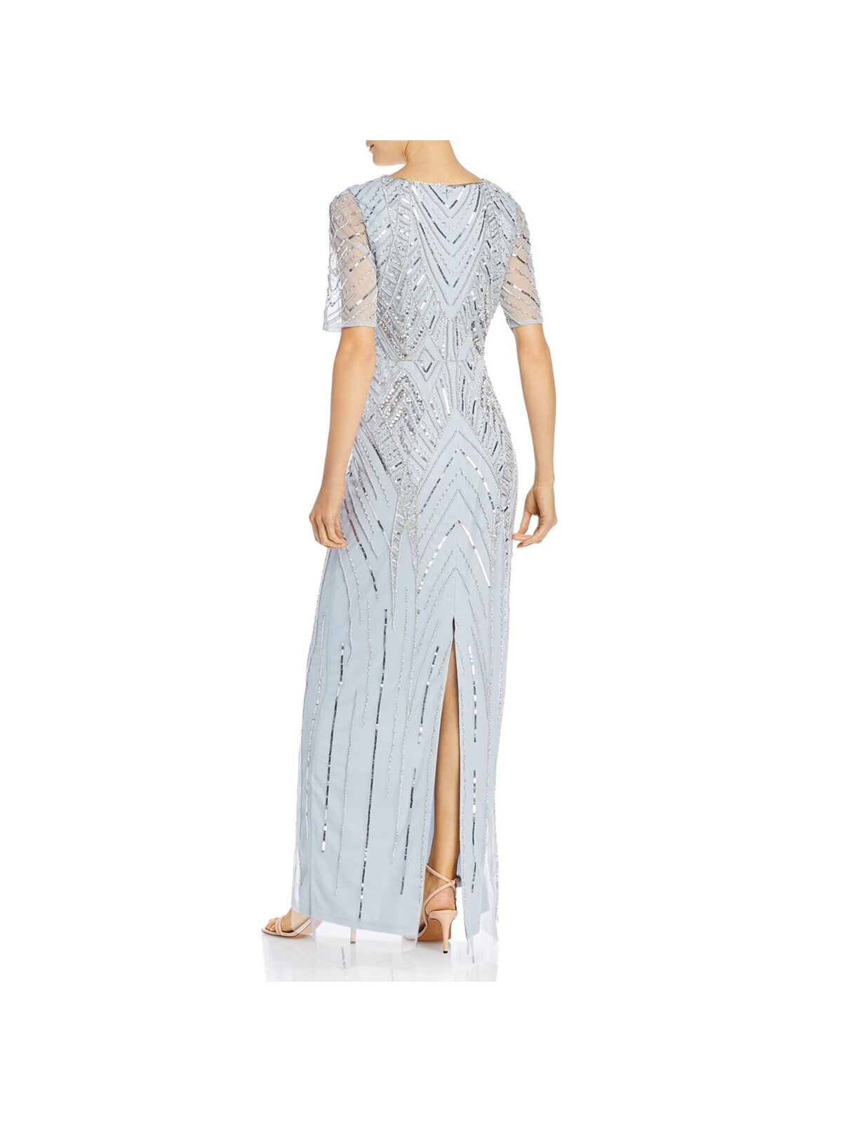 ADRIANNA PAPELL Womens Light Blue Embellished Zippered Lace Elbow Sleeve V Neck Maxi Formal Gown Dress 10