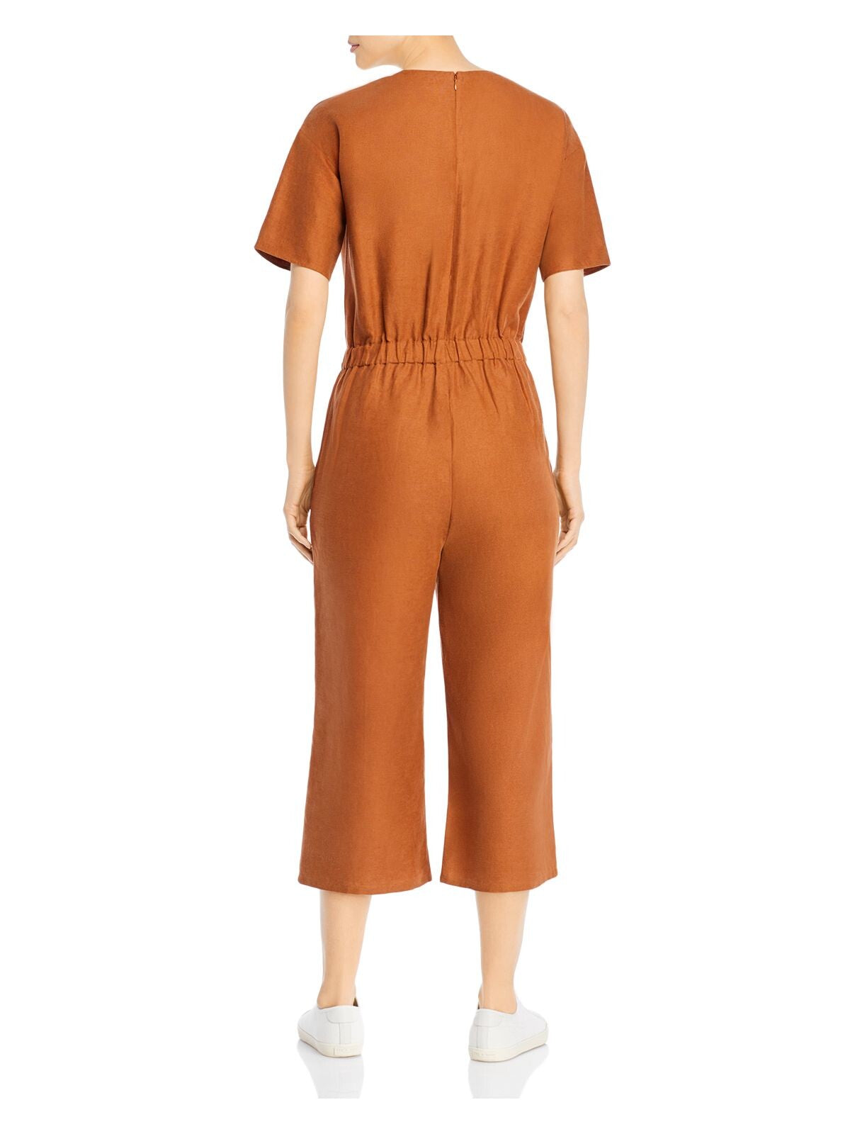 EILEEN FISHER Womens Brown Pocketed Cropped Short Sleeve V Neck Wide Leg Jumpsuit XL