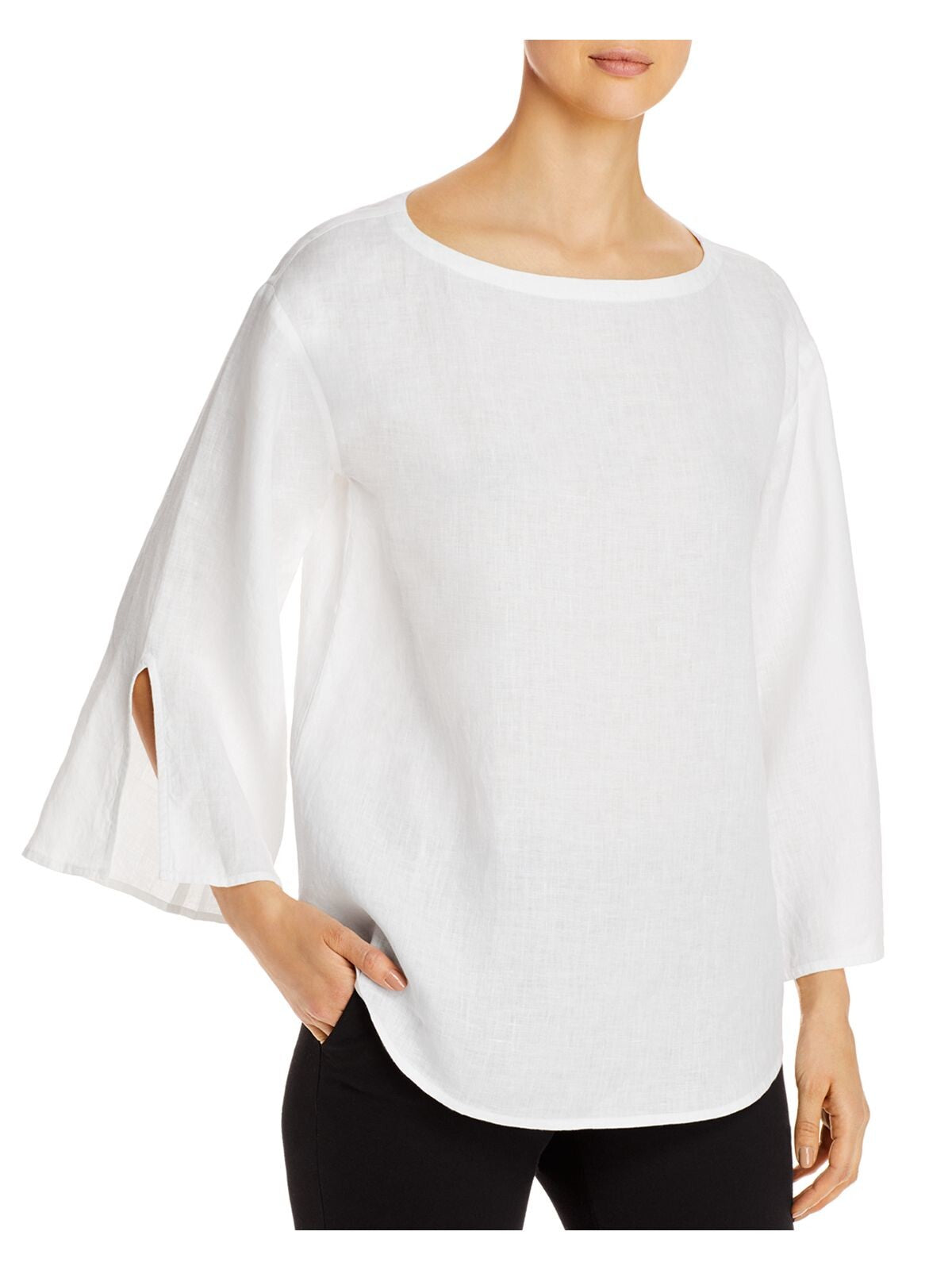 EILEEN FISHER Womens White Slitted Bell Sleeve Boat Neck Blouse XXS