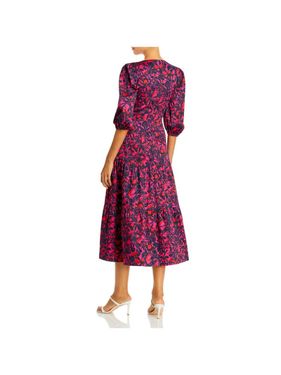 PARKER Womens Pink Zippered Floral Elbow Sleeve V Neck Midi Cocktail A-Line Dress 4