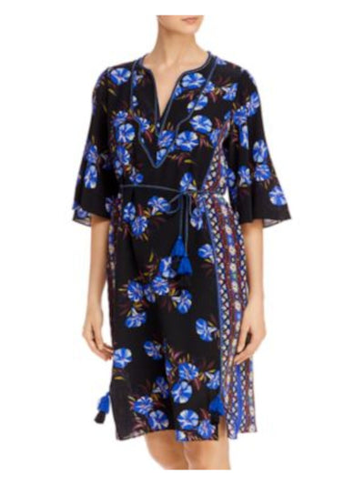 KOBI HALPERIN Womens Black Sheer Belted Semi-sheer Floral Kimono Sleeve Split Above The Knee Wear To Work Shift Dress S