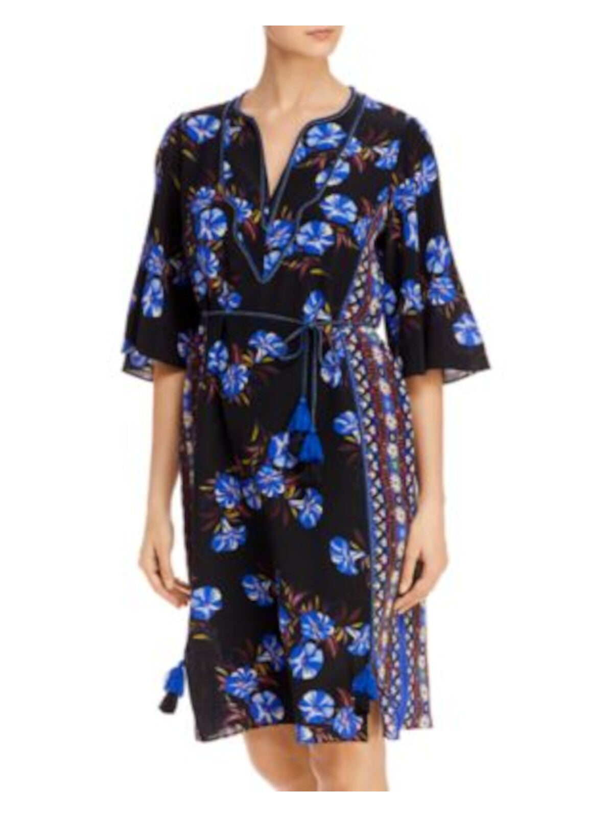 KOBI HALPERIN Womens Black Sheer Belted Semi-sheer Floral Kimono Sleeve Split Above The Knee Wear To Work Shift Dress M