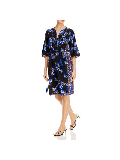 KOBI HALPERIN Womens Black Sheer Belted Semi-sheer Floral Kimono Sleeve Split Above The Knee Wear To Work Shift Dress XS