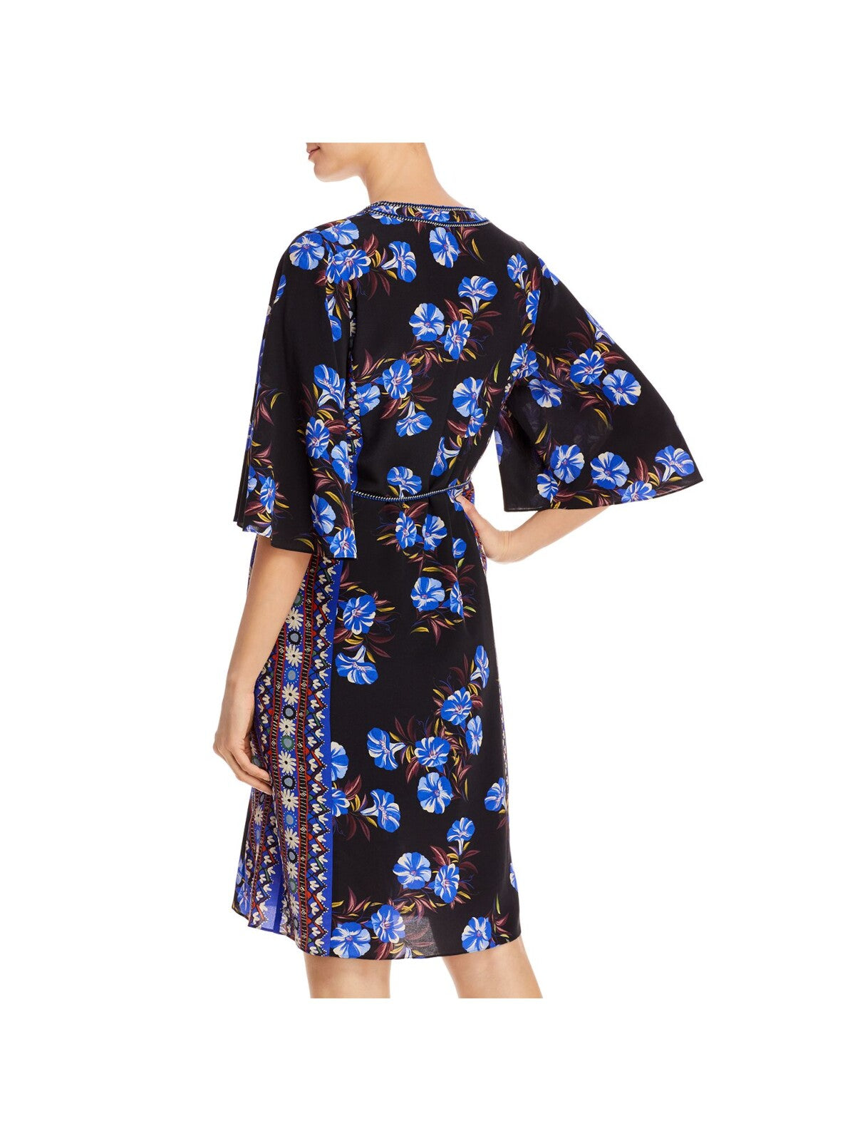 KOBI HALPERIN Womens Black Sheer Belted Semi-sheer Floral Kimono Sleeve Split Above The Knee Wear To Work Shift Dress XS