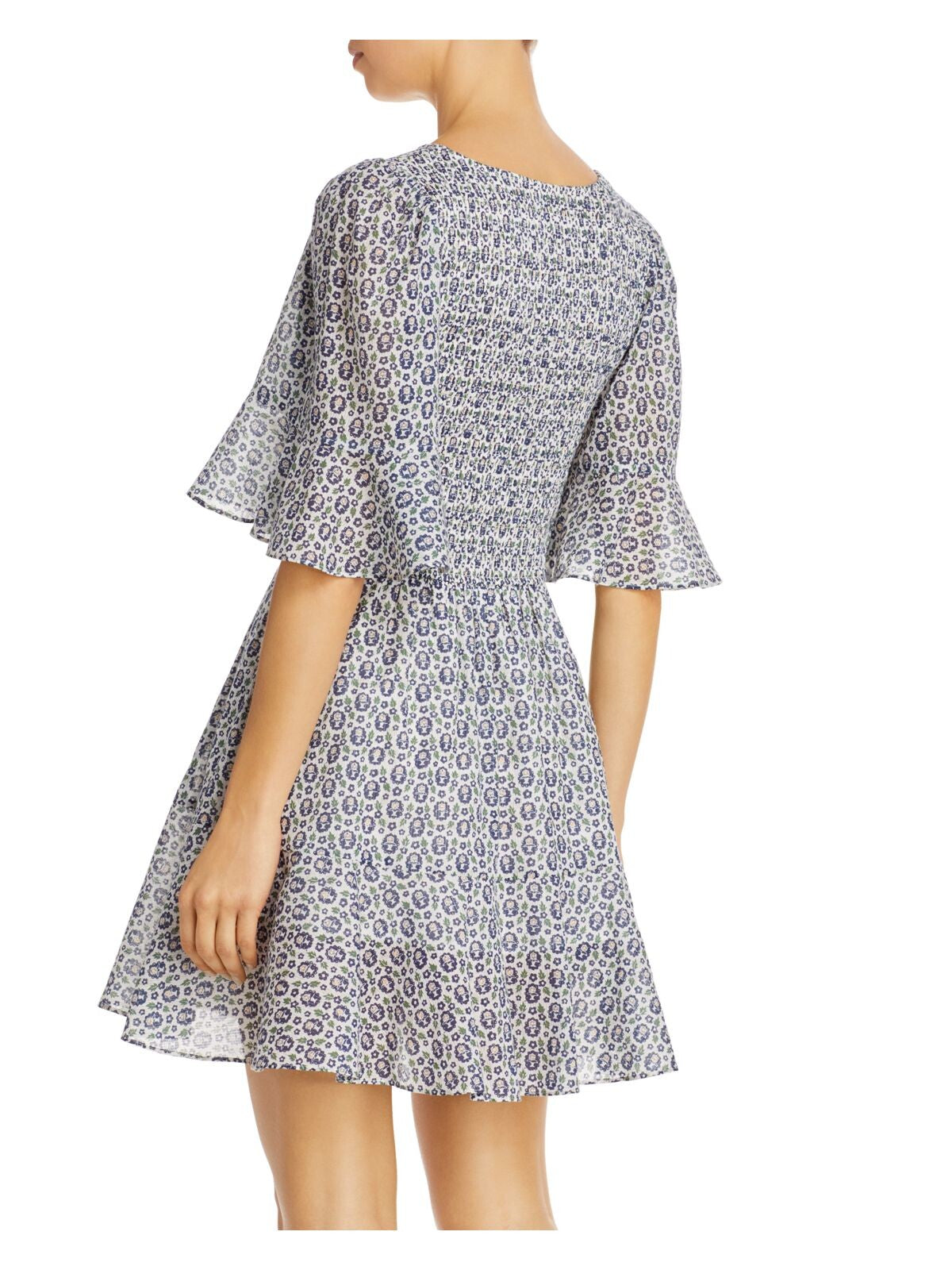 LA VIE Womens White Ruched Lined Floral Flutter Sleeve V Neck Above The Knee A-Line Dress XS