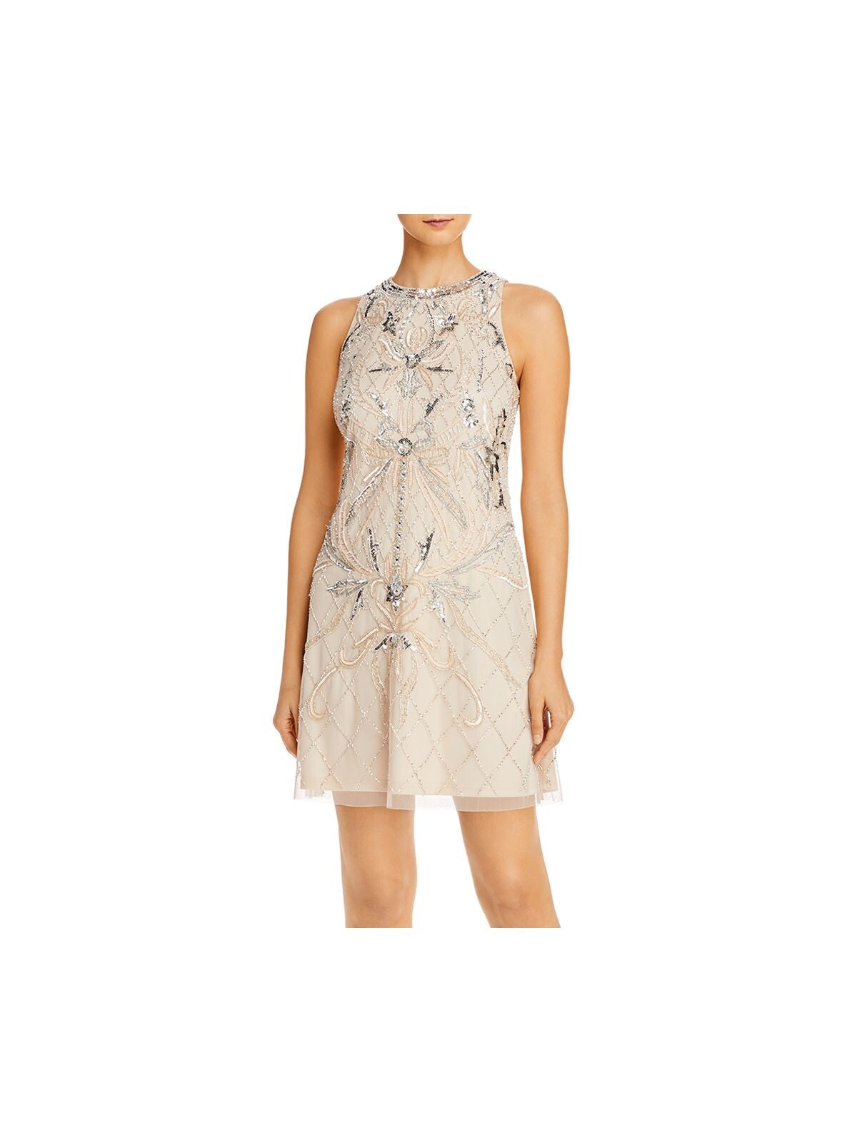 AIDAN MATTOX Womens White Sequined Beaded Sleeveless Jewel Neck Short Cocktail Sheath Dress 16