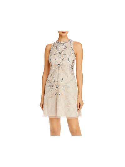 AIDAN MATTOX Womens White Sequined Beaded Sleeveless Jewel Neck Short Cocktail Sheath Dress 16