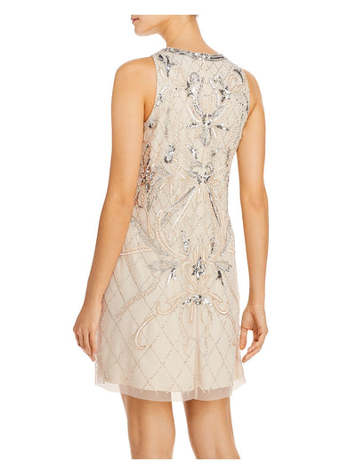 AIDAN MATTOX Womens White Sequined Beaded Sleeveless Jewel Neck Short Cocktail Sheath Dress 16