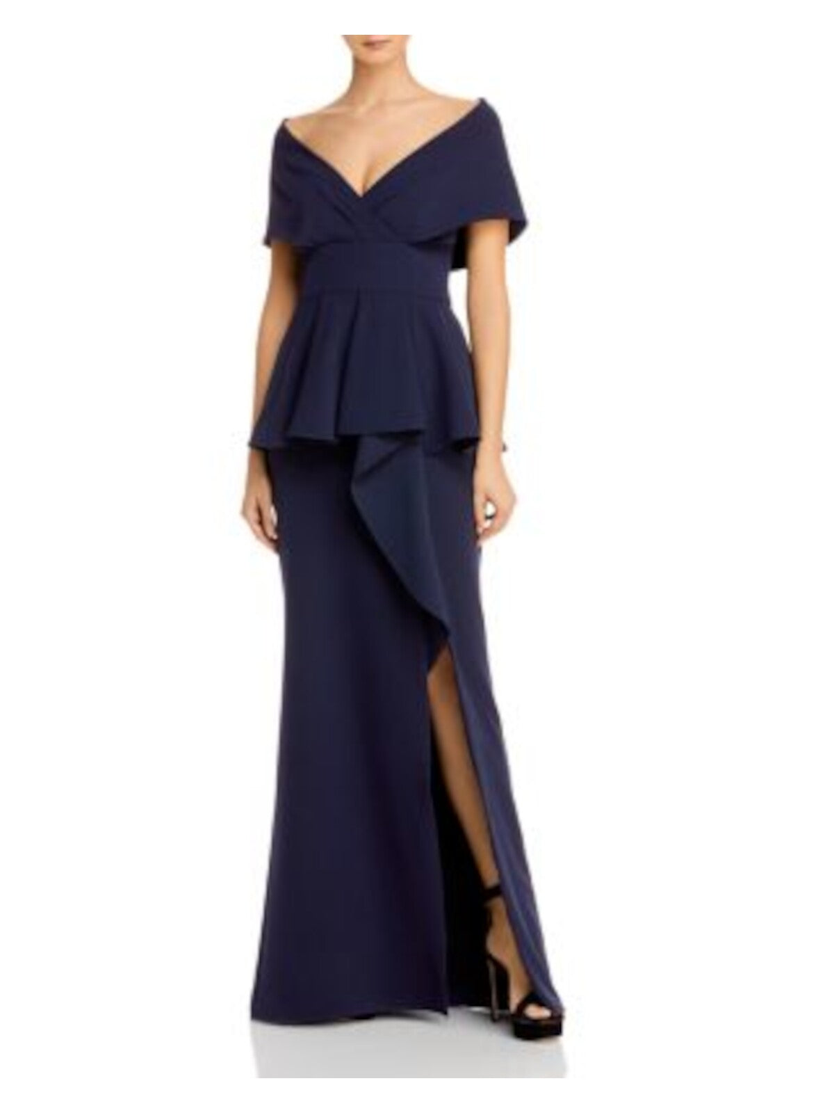 AIDAN MATTOX Womens Navy Stretch Zippered Ruffled Shawl Neckline Peplum Waist Slit Flutter Sleeve V Neck Full-Length Formal Sheath Dress 2