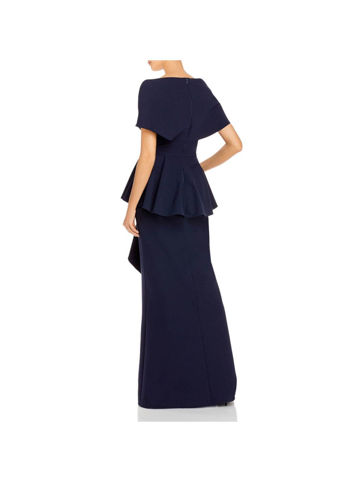 AIDAN MATTOX Womens Navy Stretch Zippered Ruffled Shawl Neckline Peplum Waist Slit Flutter Sleeve V Neck Full-Length Formal Sheath Dress 4