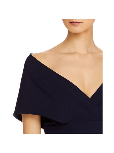 AIDAN MATTOX Womens Navy Stretch Zippered Ruffled Shawl Neckline Peplum Waist Slit Flutter Sleeve V Neck Full-Length Formal Sheath Dress 6