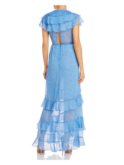 SABINA MUSAYEV Womens Blue Metallic Ruffled Sheer Tiered Printed Flutter Sleeve V Neck Full-Length Evening Fit + Flare Dress S