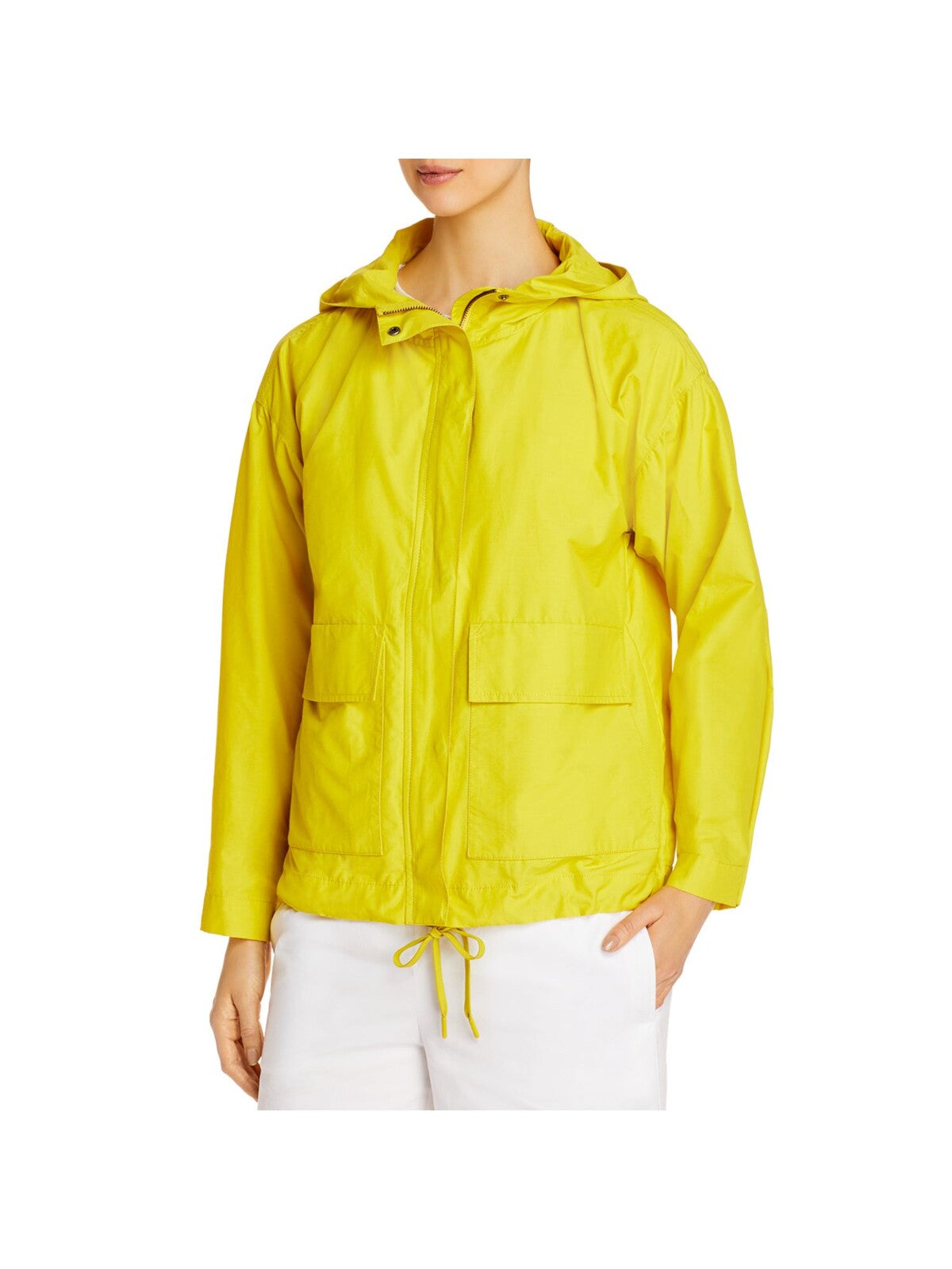 EILEEN FISHER Womens Yellow Pocketed Hooded Drawstring Hem Zip Up Jacket M