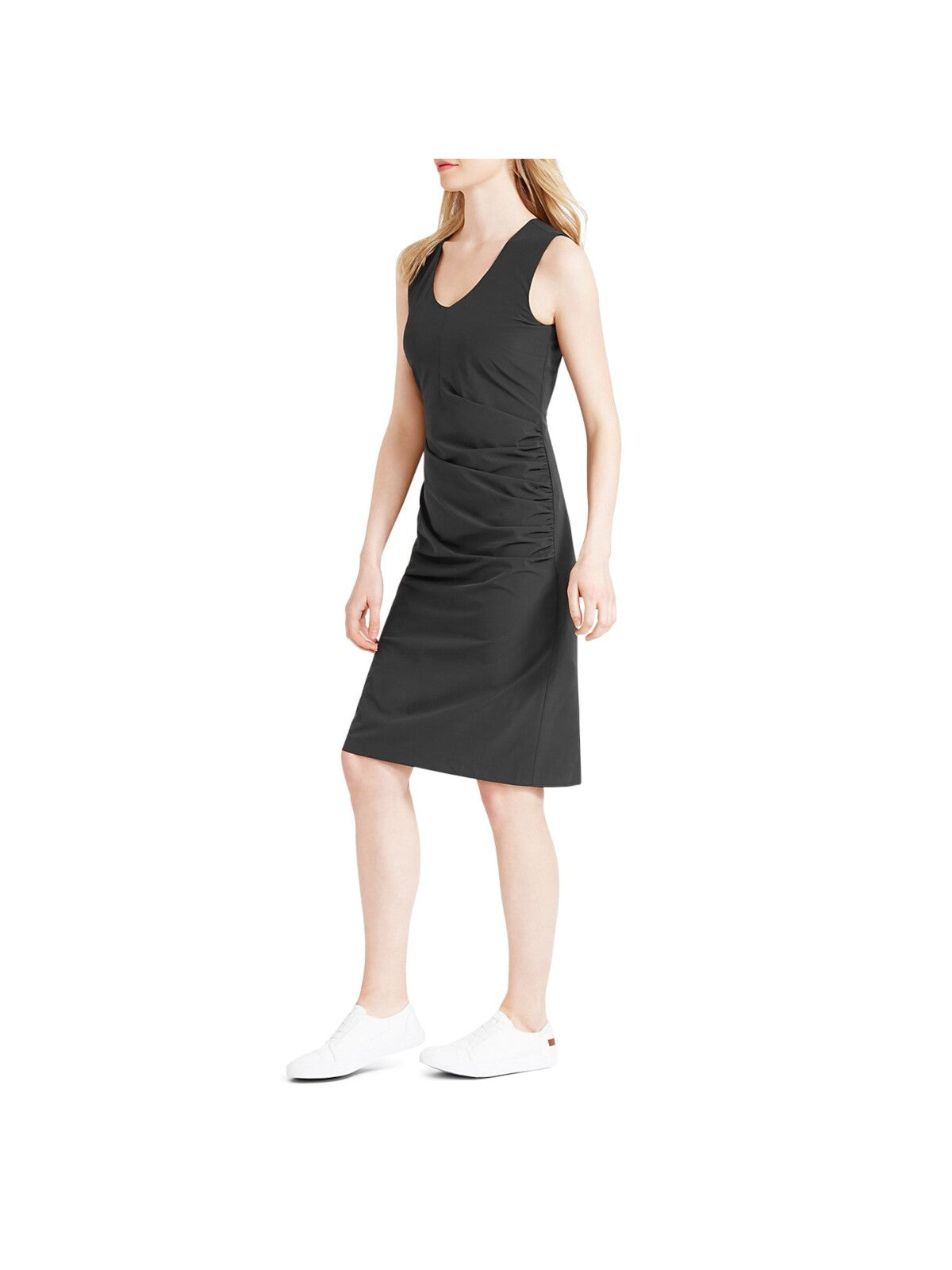 NIC+ZOE Womens Black Stretch Moisture Wicking Ruched Wrinkle-resistance Sleeveless V Neck Above The Knee Sheath Dress M