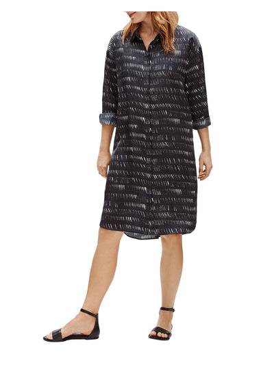 EILEEN FISHER Womens Black Printed 3/4 Sleeve Collared Above The Knee Shirt Dress XXS