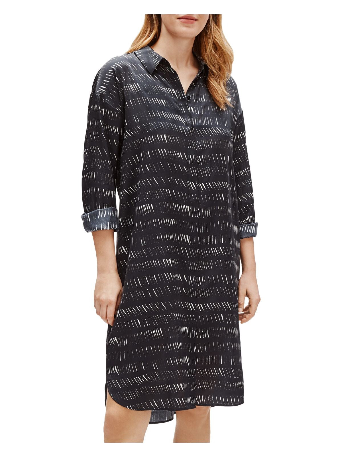 EILEEN FISHER Womens Black Printed 3/4 Sleeve Collared Above The Knee Shirt Dress XXS