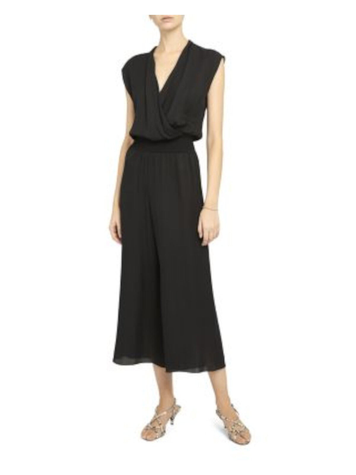 THEORY Womens Black Gathered Elastic Waist Cropped Pull-on Sleeveless Surplice Neckline Wide Leg Jumpsuit S