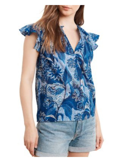 VELVET Womens Blue Ruffled Semi Sheer Floral Cap Sleeve Keyhole Top S